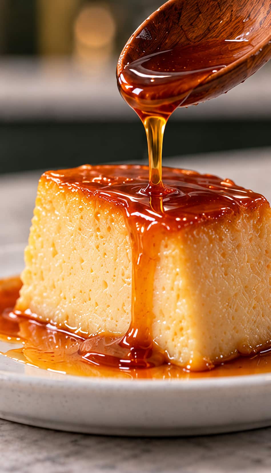 Sliced Brazilian bread pudding with condensed milk and caramel