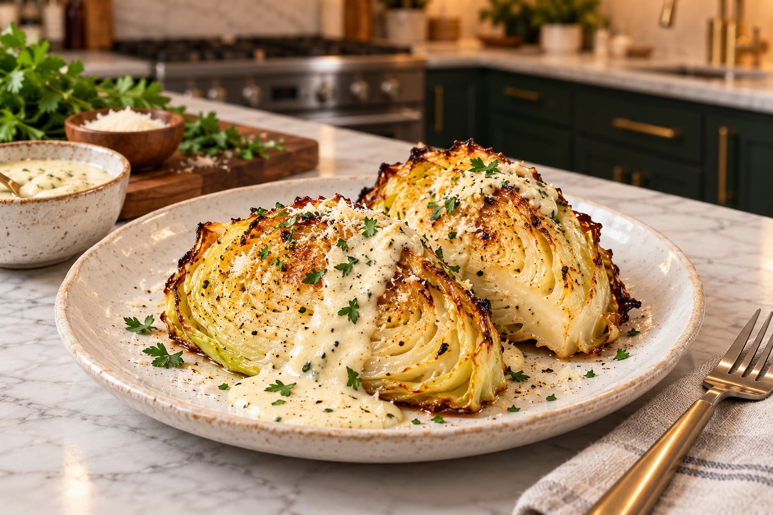 Finished garlic parmesan melting cabbage ready to serve
